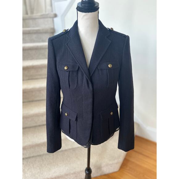 Vintage 2010s Loft Wool Navy Brass Button Military Peplum Blazer Jacket - Picture 1 of 9